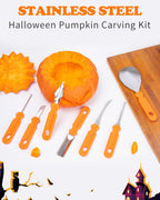 Close-up of stainless steel tools in a Halloween pumpkin carving kit