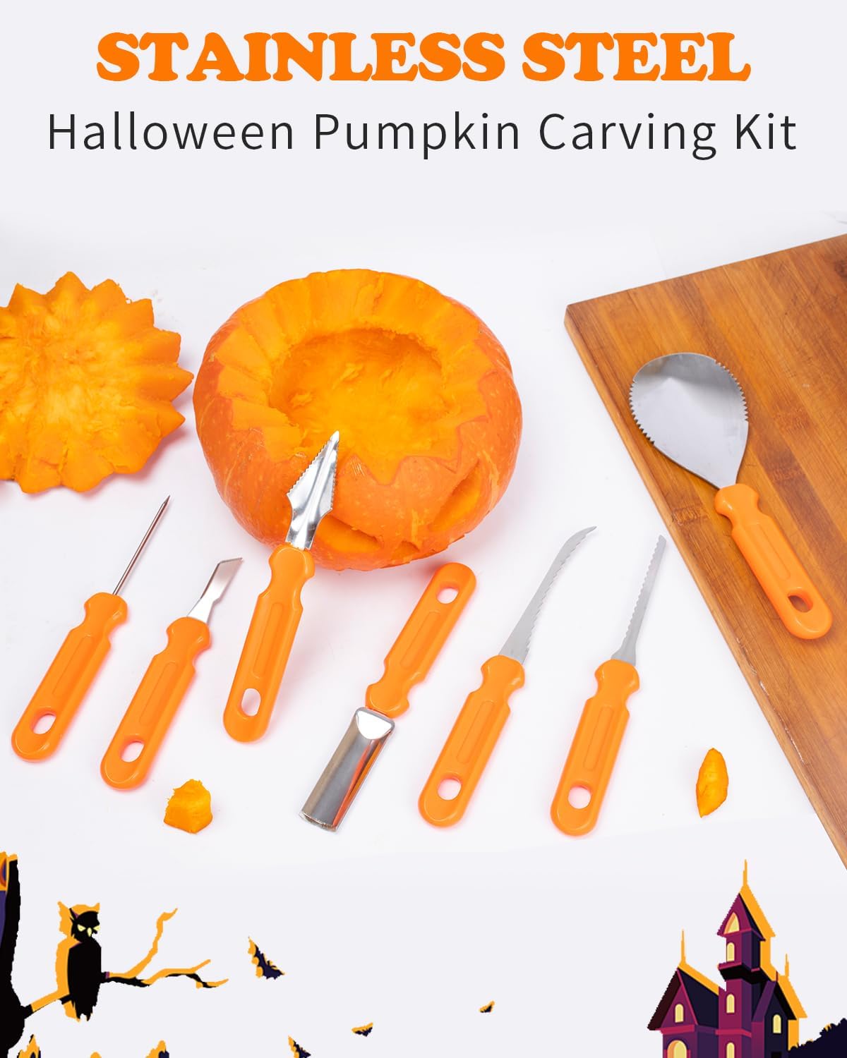 Close-up of stainless steel tools in a Halloween pumpkin carving kit
