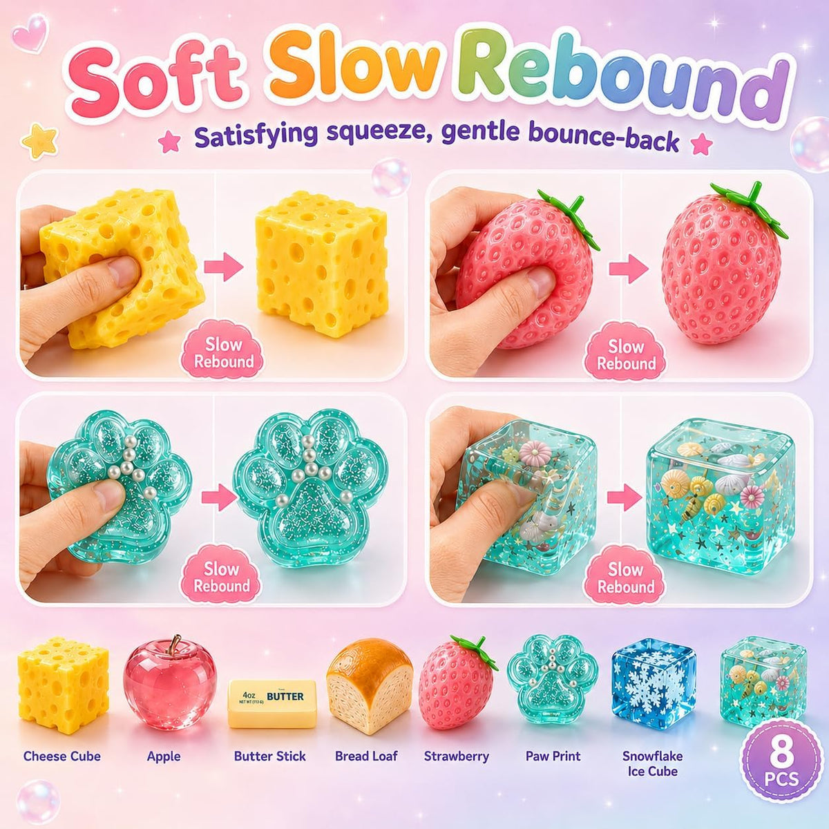 8 Piece Squishy Mystery Blind Box | Malt Sugar Themed Slow Rebound Sensory Toys | Surprise Fun Box | Holiday & Birthday Gift