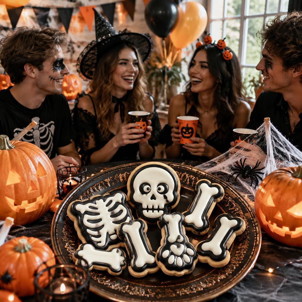 Halloween cookie decorating setup with skeleton-themed treats
